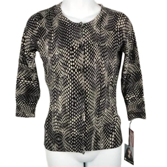 Valerie‎ Bertinelli Geometric Snake Print Cardigan Sweater Black Gray Tan PS - Picture 1 of 8